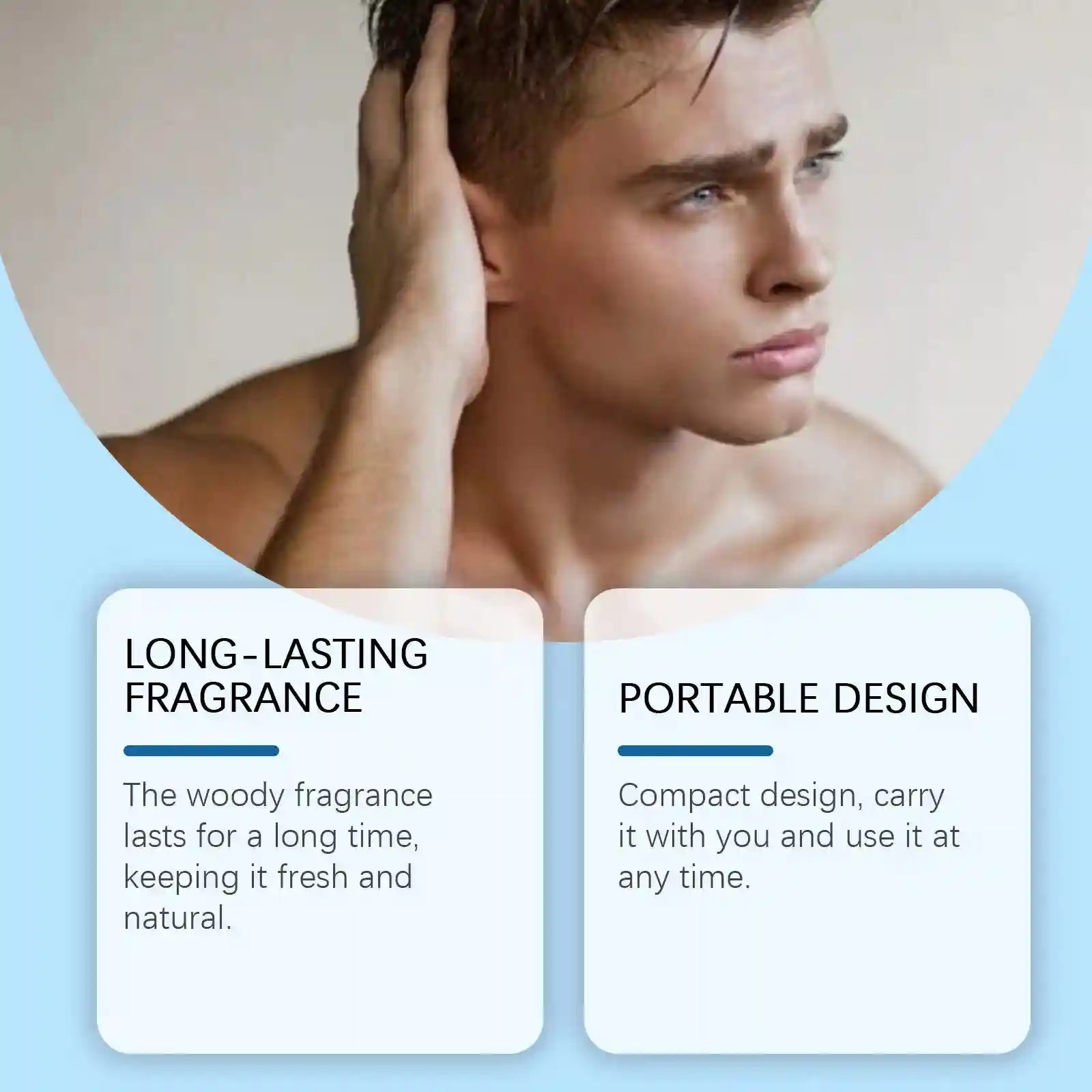 Long-lasting woody solid perfume for men. Portable, compact pocket balm for a natural, fresh scent. Masculine fragrance.