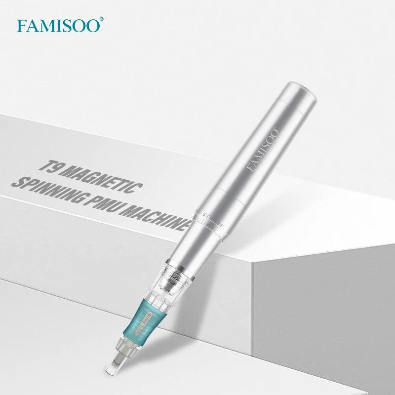 T9 magnetic spinning PMU machine: a slim, silver, cylindrical pen device for permanent makeup with a teal grip.