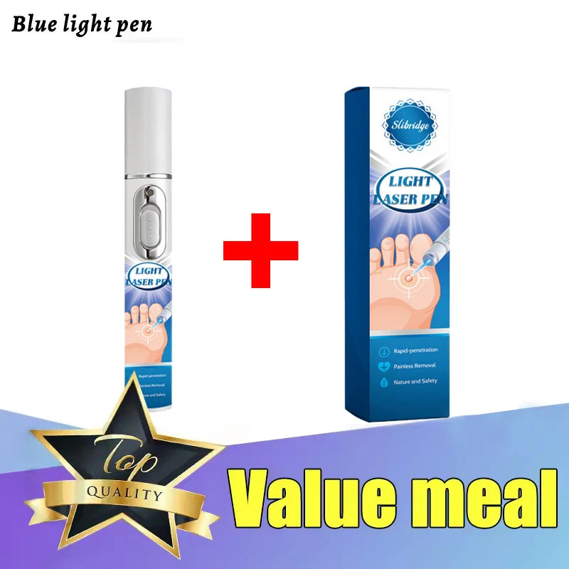 White blue light wart removal pen and its product box, featuring a graphic of foot treatment. "Top Quality" star badge.