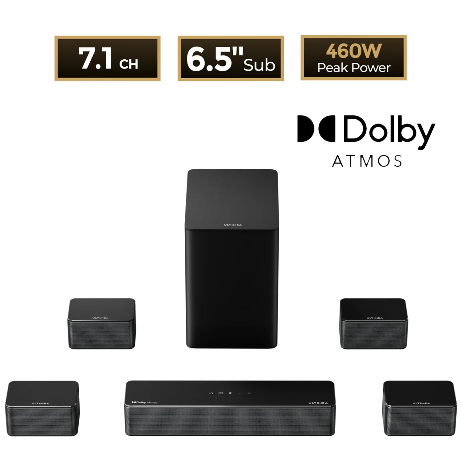 ULTIMEA 7.1 soundbar system with 6.5 in subwoofer, surround speakers, Dolby Atmos 460W