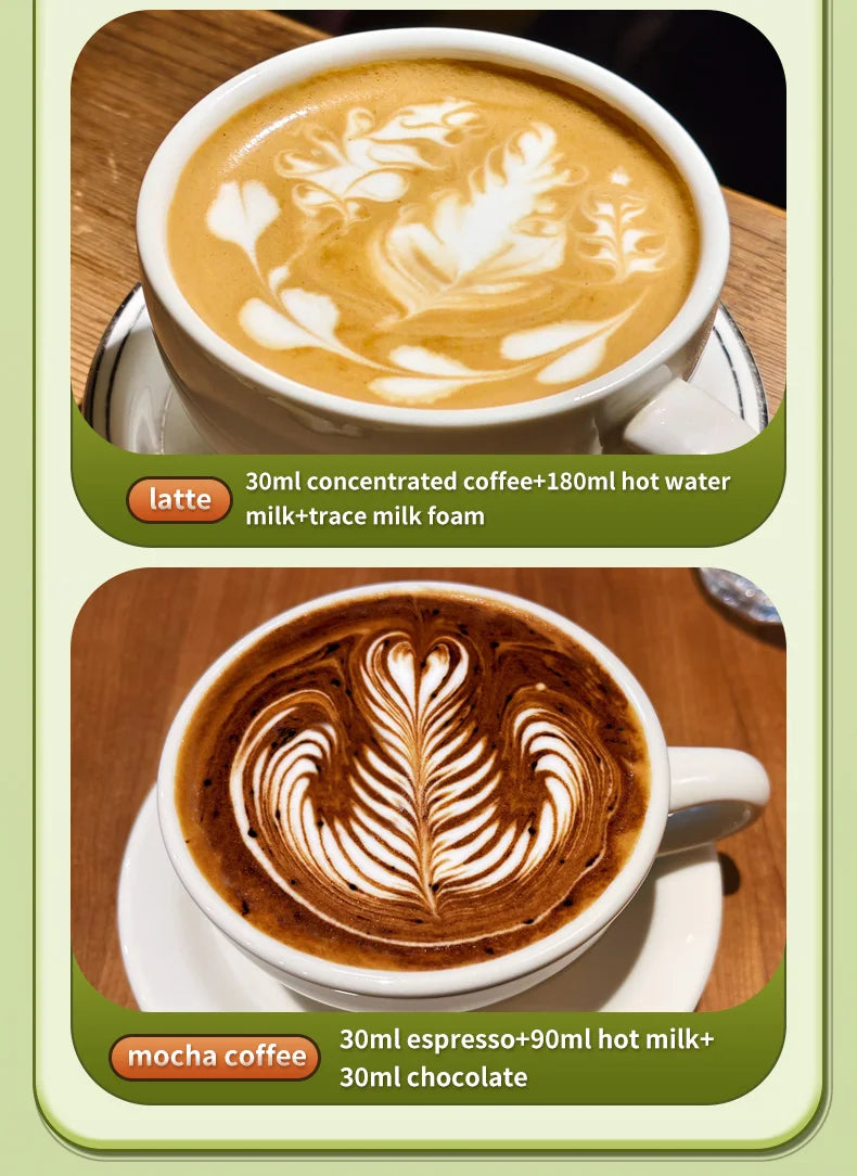 Two ceramic white cups showing latte art recipes for latte and mocha coffee with detailed ingredient proportions.