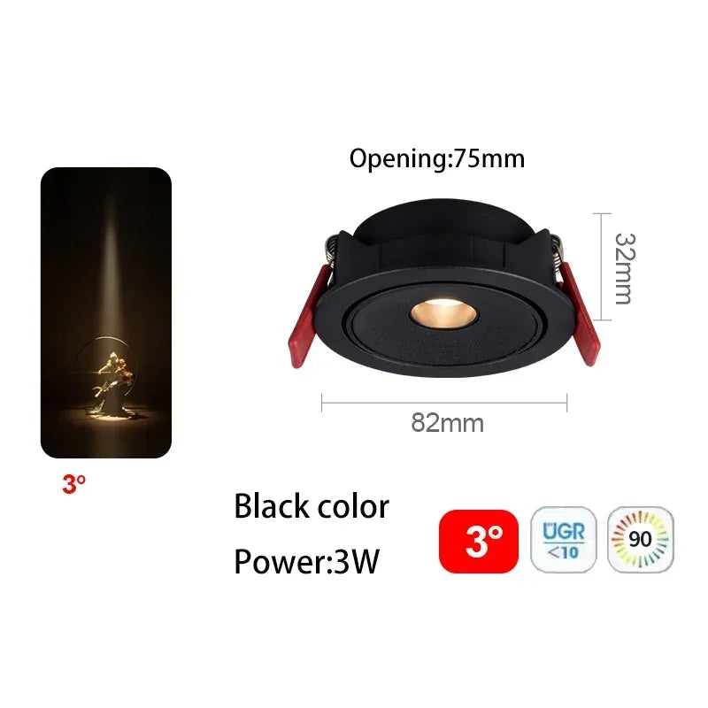 Black recessed LED spot light, 3W, 3° beam angle, opening 75mm, 32mm depth