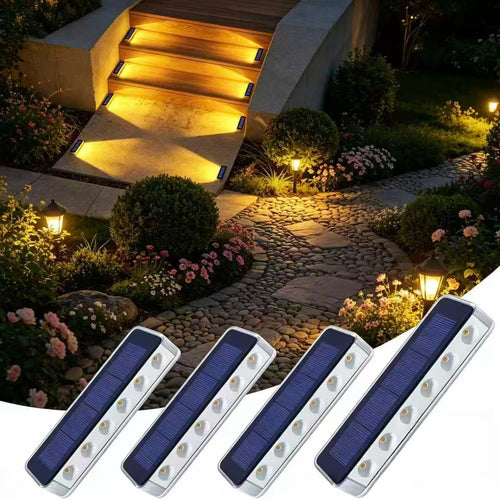 4-pack solar LED step lights with warm white glow, set of outdoor deck stair markers