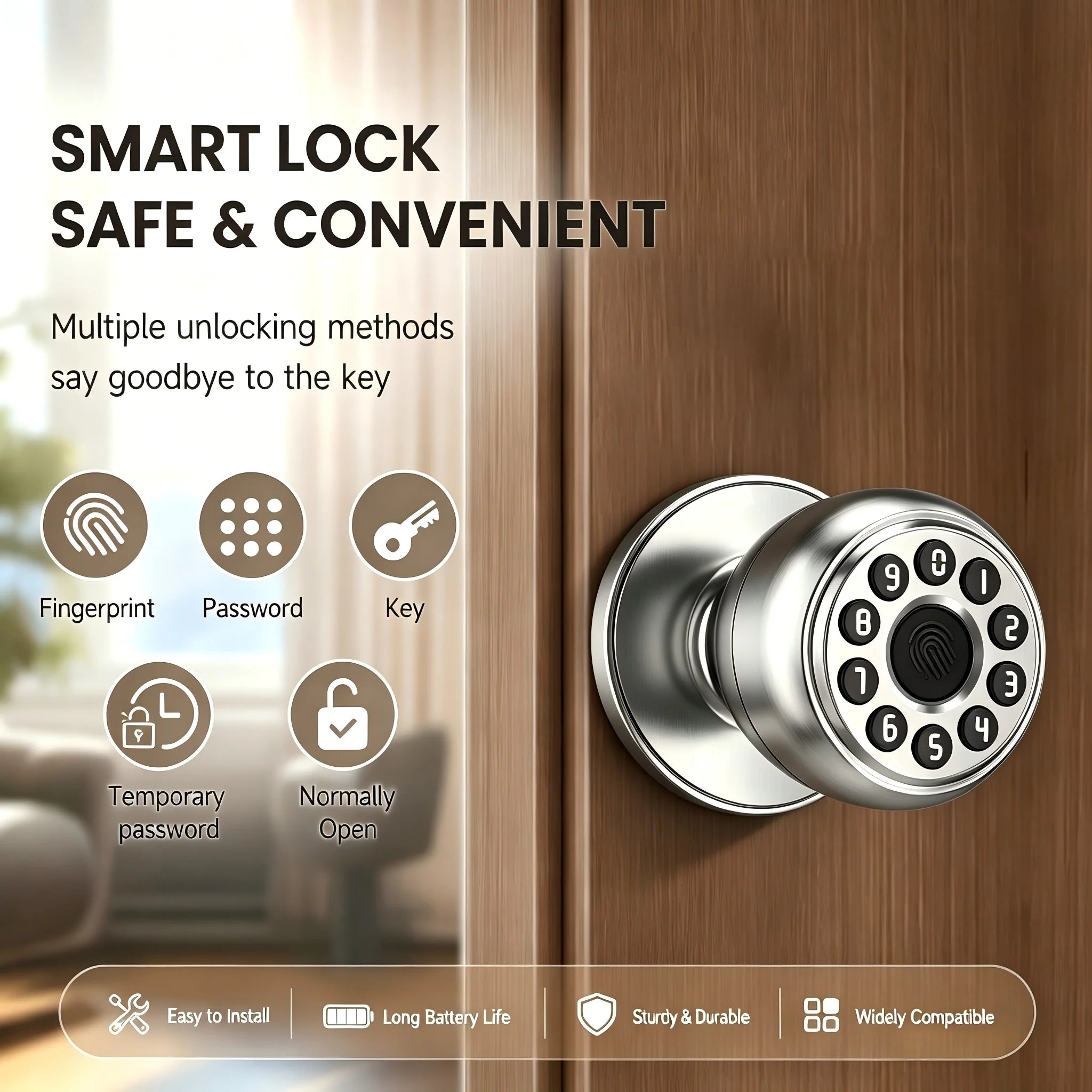 ICCSSI K10CPLUS Smart Lock Tuya Spherical Door Lock Tuya Fingerprint Password Key 4-in-1 Unlock for Airbnb Home Aluminum Alloy