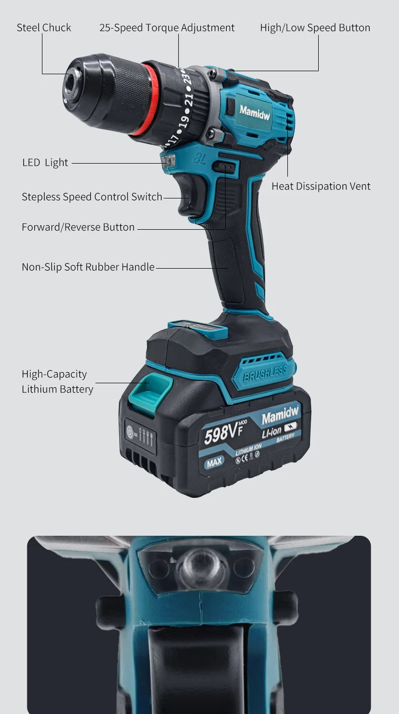 Mamidw Brushless Lithium Electric Drill 1850RPM High Speed Cordless Power Drill for Metal Wood Drilling Furniture Screw Fastening, For Makita 18V Battery PIN