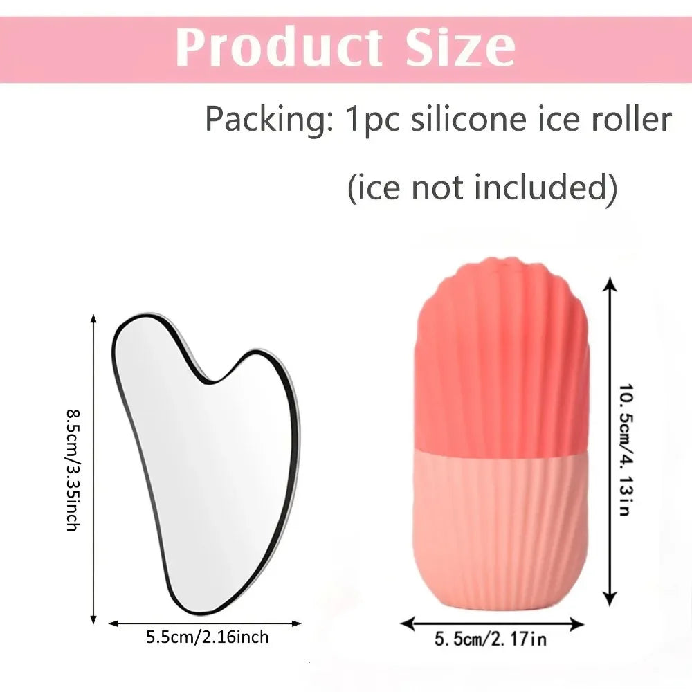 A heart-shaped gua sha tool and a two-toned pink silicone ice roller with dimensions shown on a white background.