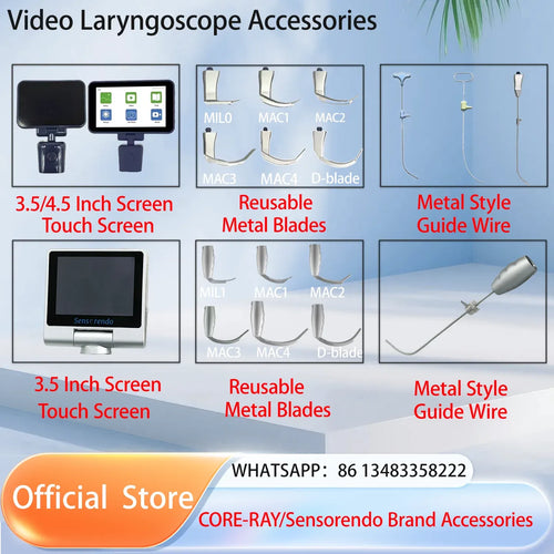 Video laryngoscope accessories featuring silver metal blades, touch screens, and guide wires for airway management.
