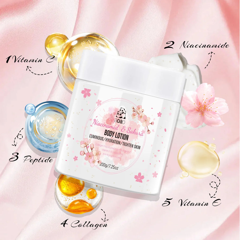 Sakura Niacinamide Moisturizing Body Lotion, infused with shea butter and cherry blossoms. Lightweight and non-greasy.