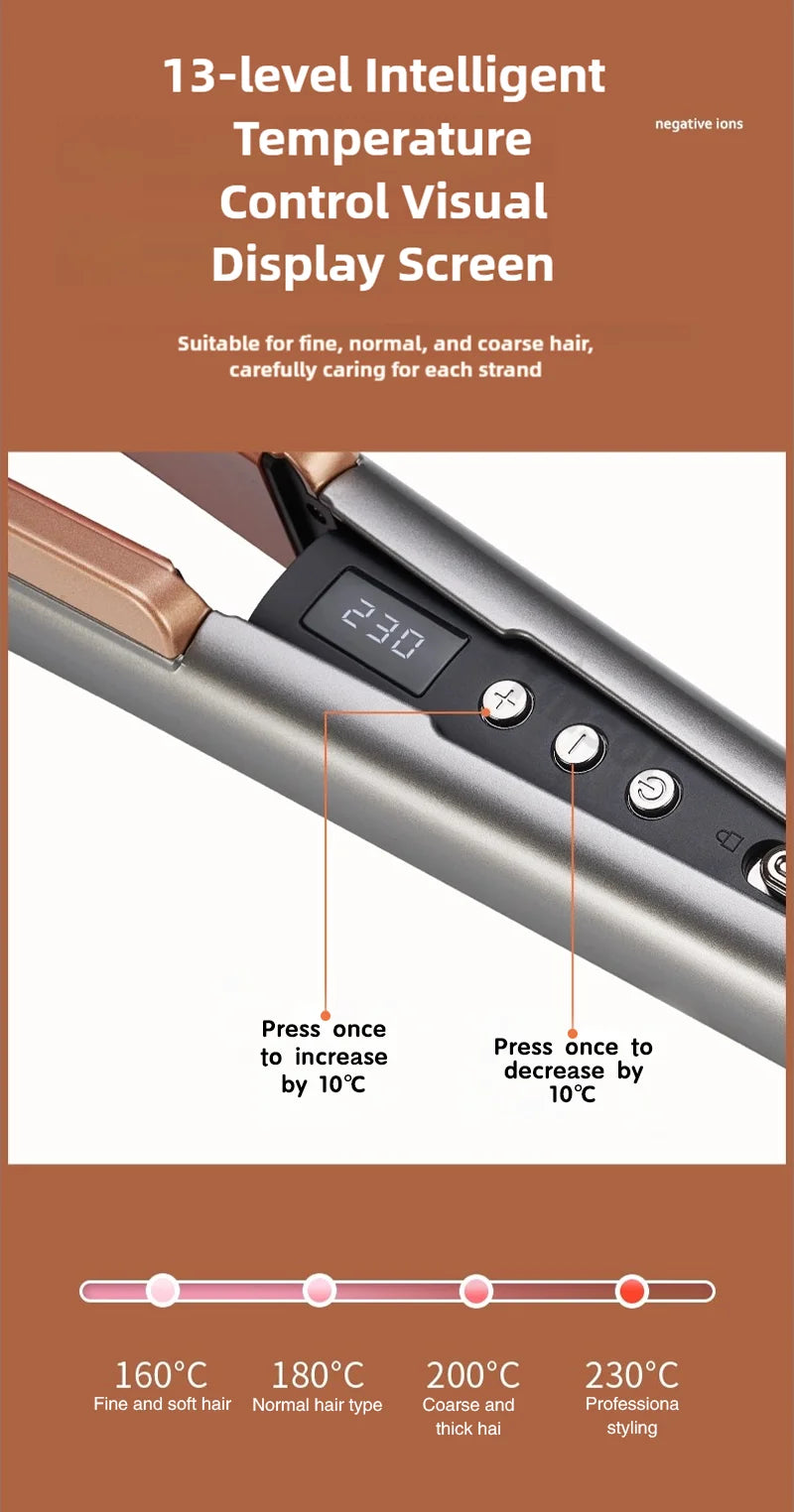 TINSOL 2-in-1 hair straightener and curler in gray with gold plates, LCD temp display, and 13-level heat control.