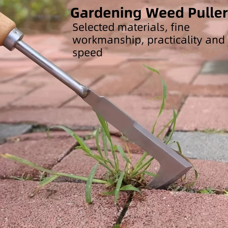 L-shaped stainless steel gap weeding tool blade lifting weeds between patio stones.