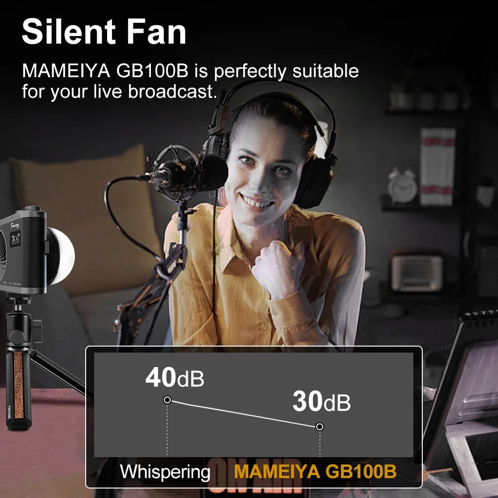 MAMEIYA GB100B black portable silent cooling fan on a tripod, used for low-noise recording during live broadcasts.