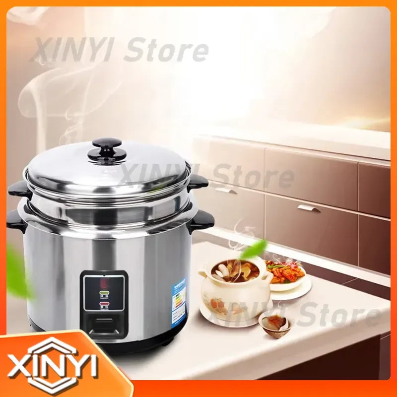 Stainless steel rice cooker with domed lid and front digital control panel