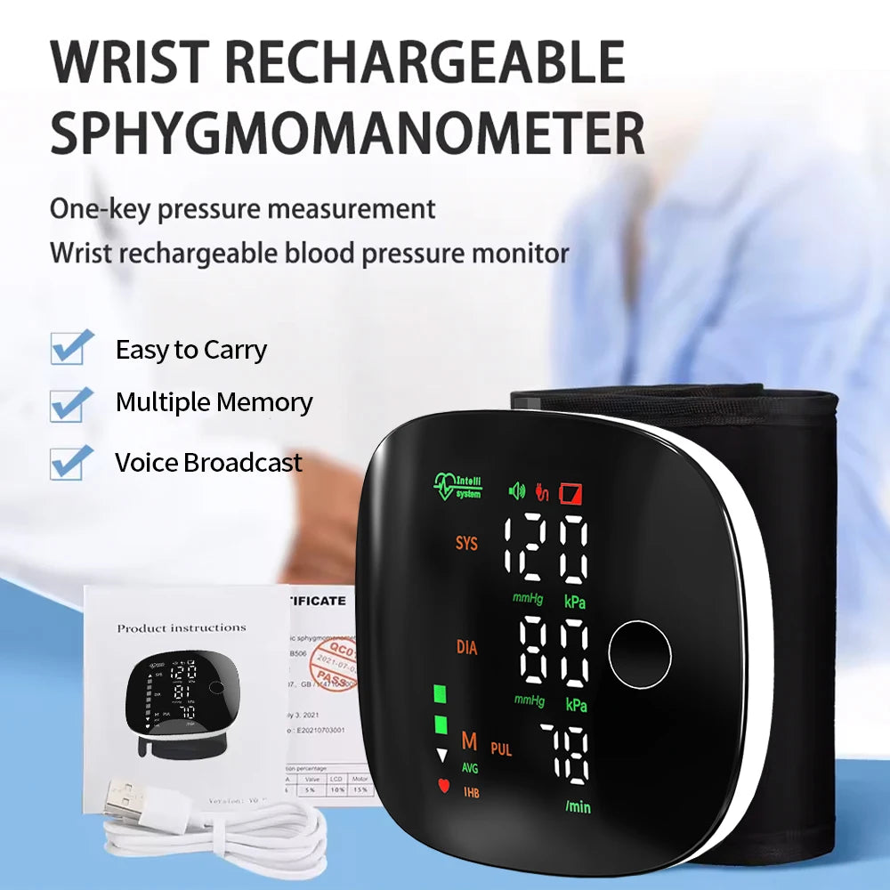 Blood Pressure Monitor New LED Rechargeable Wrist Blood Pressure Monitor English Spanish Voice Broadcast Tonometer BP Monitor