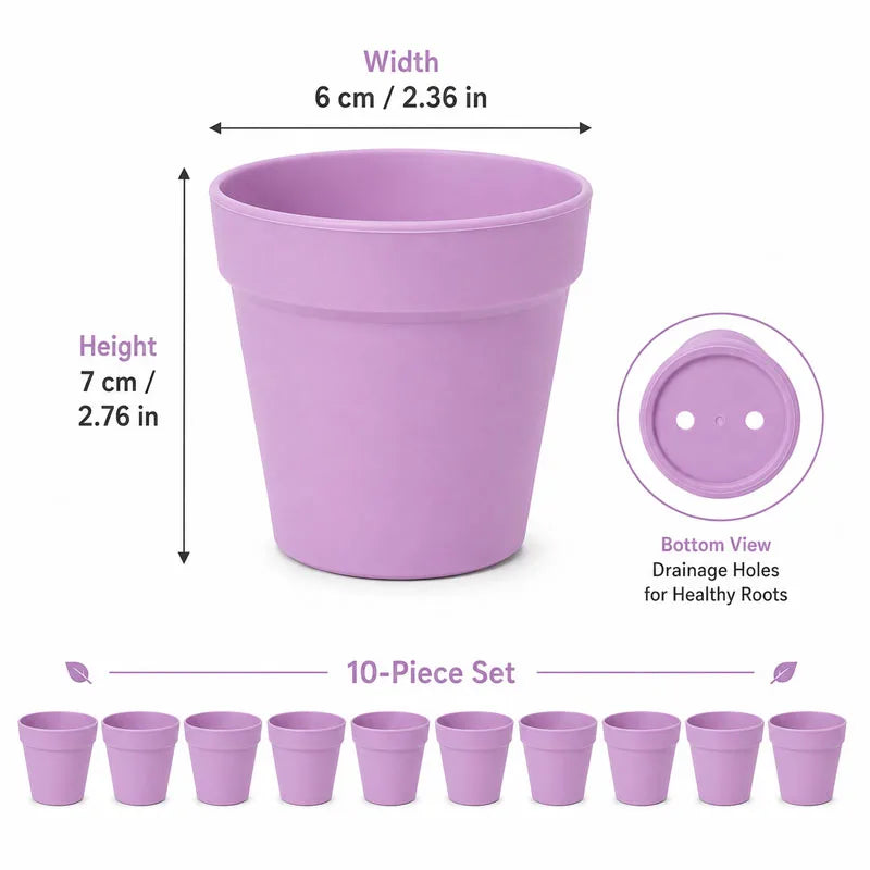 Lavender mini round plastic flower pot with drainage holes and wide top opening for healthy roots.