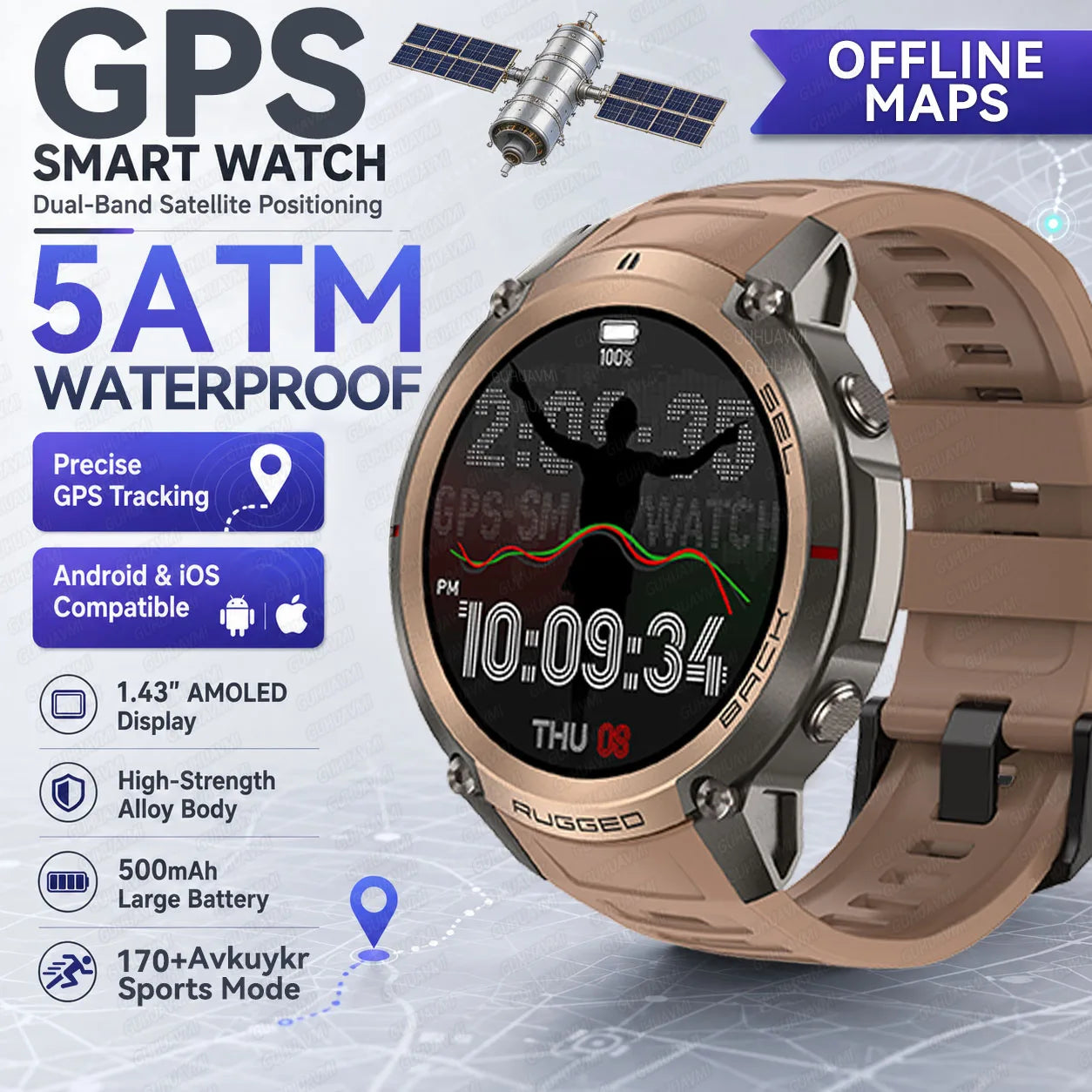 New Rugged GPS Sport Smartwatch 1.43" AMOLED Screen 5ATM Waterproof Offline Map Compass 500mAh Smart Watch for Men Android iOS