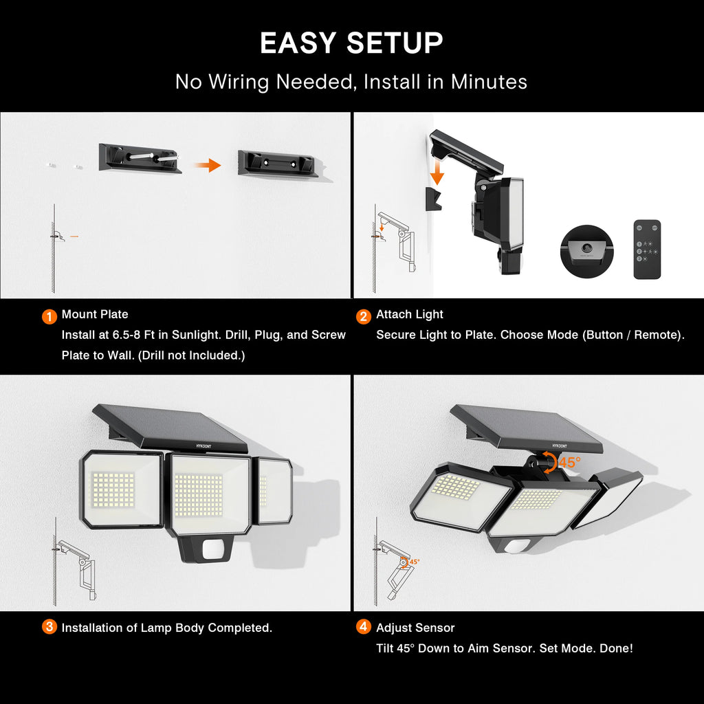 Solar Motion Sensor Light Outdoor, 3000LM 3-Head Solar Security Light with 270° Wide Angle Illumination, 200+LED Solar Wall Light for Porch Garage Yard Entrance, 3 Lighting Modes