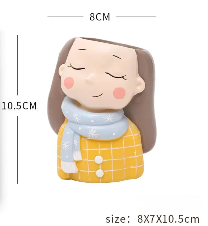 Desktop fairy flowerpot ornament planter figurine with beige face, brown hair, yellow shirt