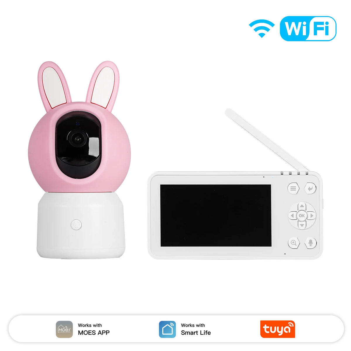 Pink bunny-shaped smart baby monitor security camera with LCD screen and WiFi