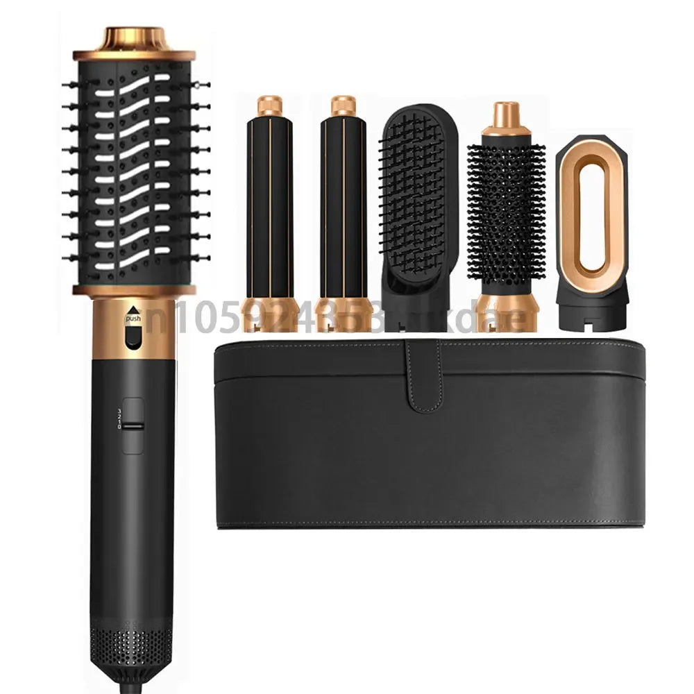 6-in-1 black and gold hair dryer brush set with curling barrels, styling attachments, and storage case for salon hair.