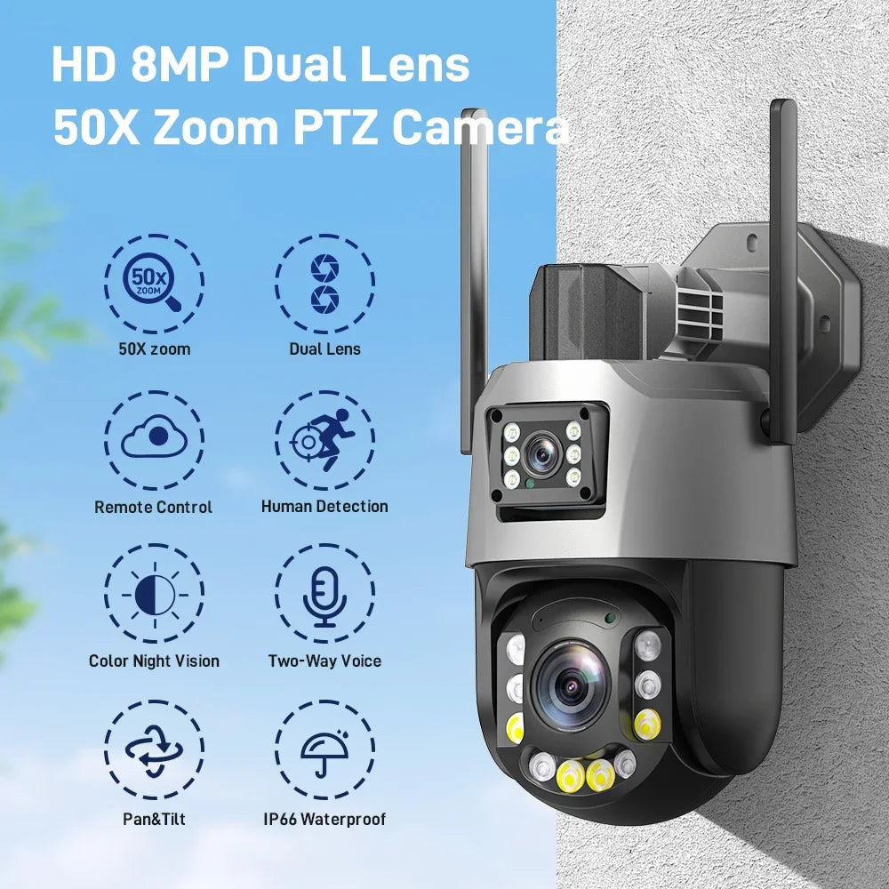 PEGATISAN WIFI 4K 8MP Dual Lens 20/50X Zoom Display PTZ Outdoor Surveillance Camera 393ft Ultra Long IR Vision ONVIF ICSEE APP