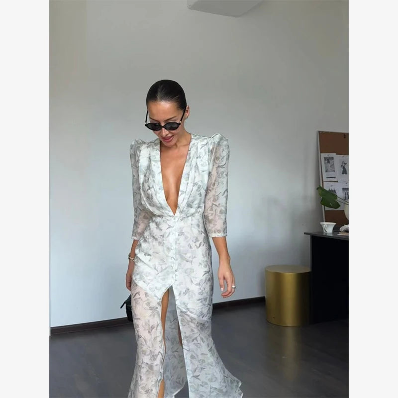 Fashion Sexy Organza Floral Printed Maxi Dress V-neck Puff Sleeve 2026 New Summer Romantic Women Party Gown Elegant Lady Vestido