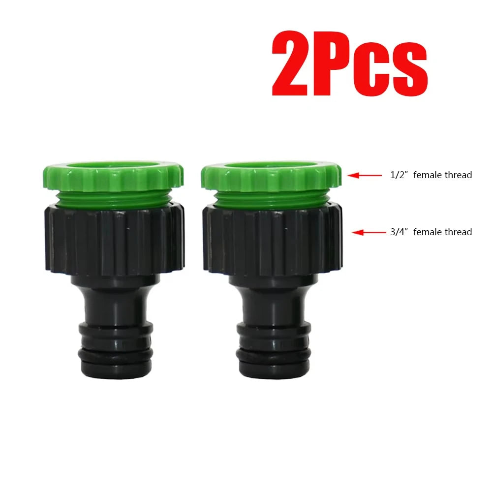 Green quick coupling adapters (2), black collar, show 1/2 and 3/4 female threads