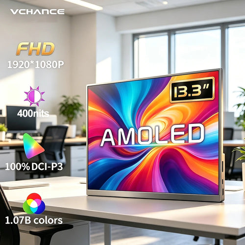 13.3-inch VCHANCE AMOLED portable monitor with vibrant abstract display, thin silver frame, and side-mounted ports.