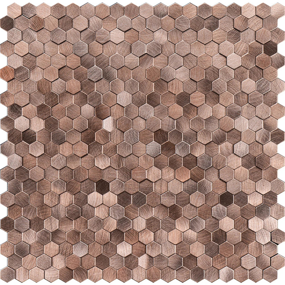 Hexagon metal mosaic tile sheet, rose gold copper-toned stainless finish
