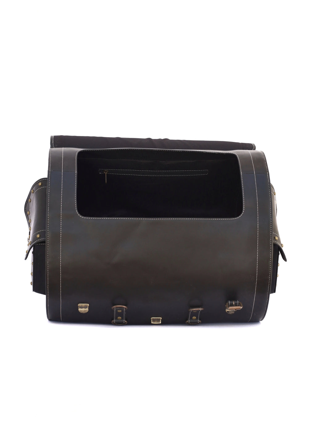 Large vintage RABADA leather trunk with dark brown finish, brass buckles, and spacious open main compartment.