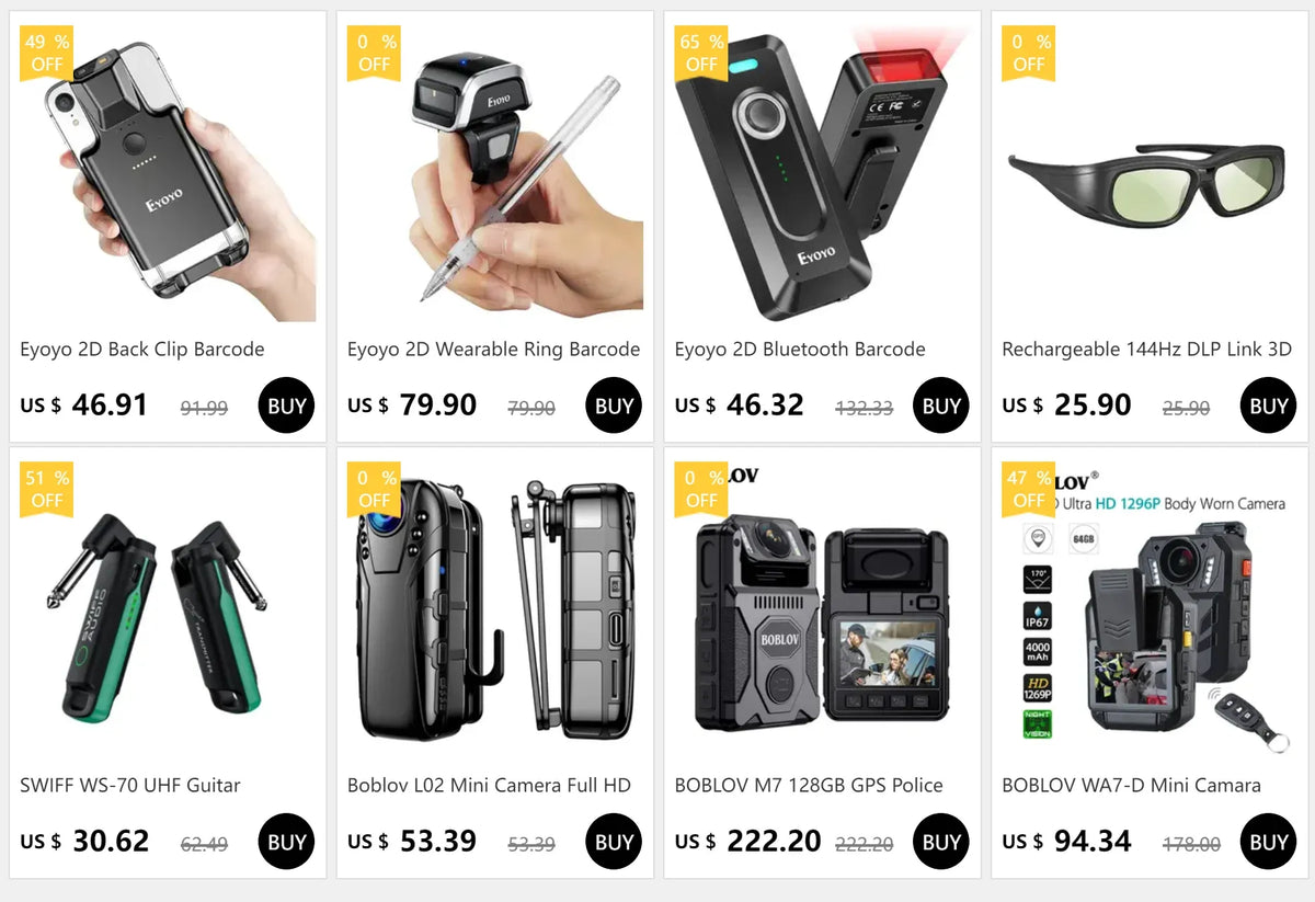 Eyoyo 2D barcode scanner shown in an online store collage