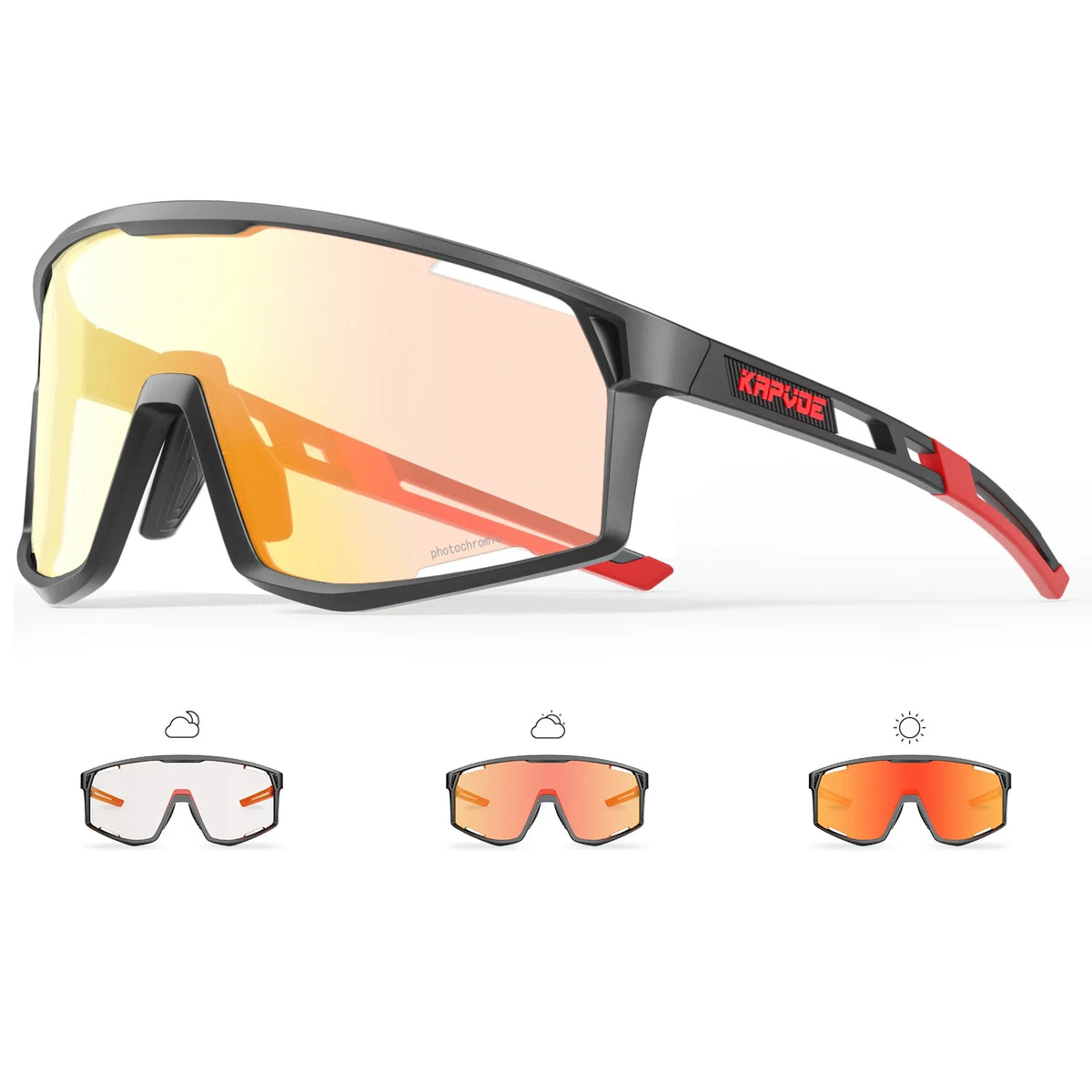 Photochromic cycling sunglasses with black frame, red accents, and orange-tinted lens