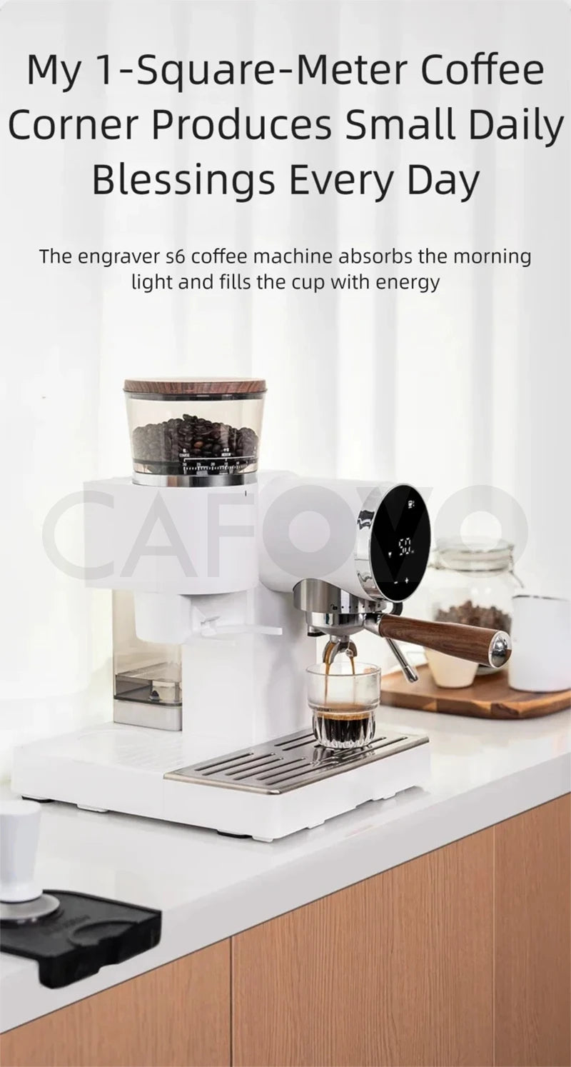 Engraver S6 white espresso machine with wood-accent portafilter, integrated bean hopper, and digital display interface.