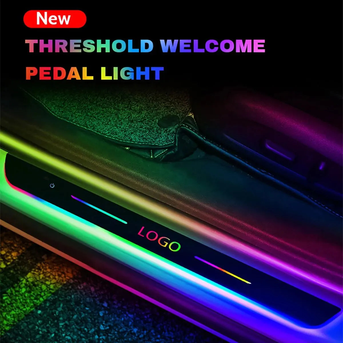 Rectangular car door sill protector with multi-color LED light strip and customizable logo for vehicle threshold.
