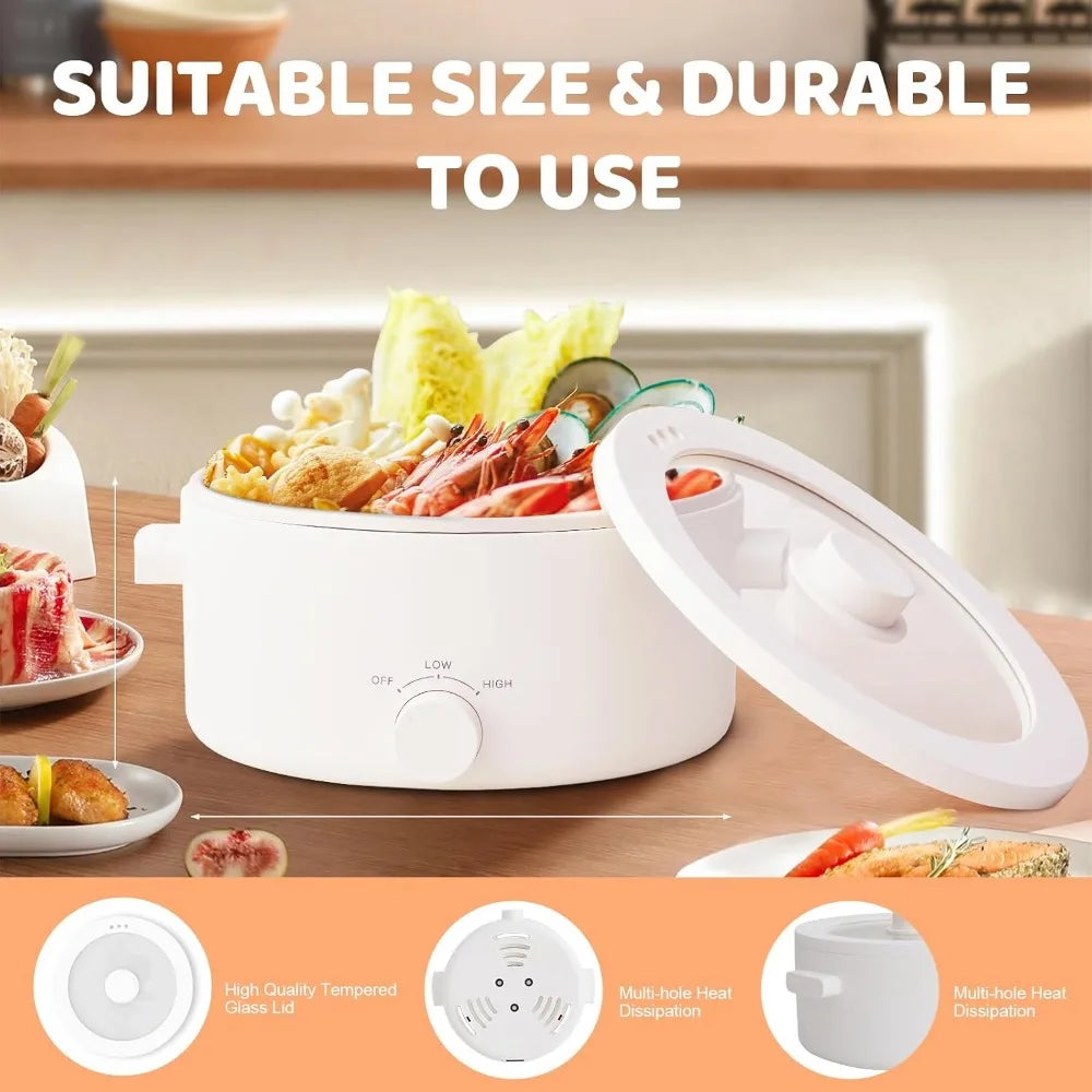Electric hot pot with open lid and front temperature dial, showing steam vent area