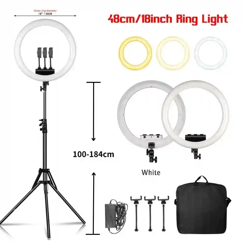 18 Inch Ring Light with Tripod Stand - Adjustable Professional LED Lamp 184 White cm Tidesmit