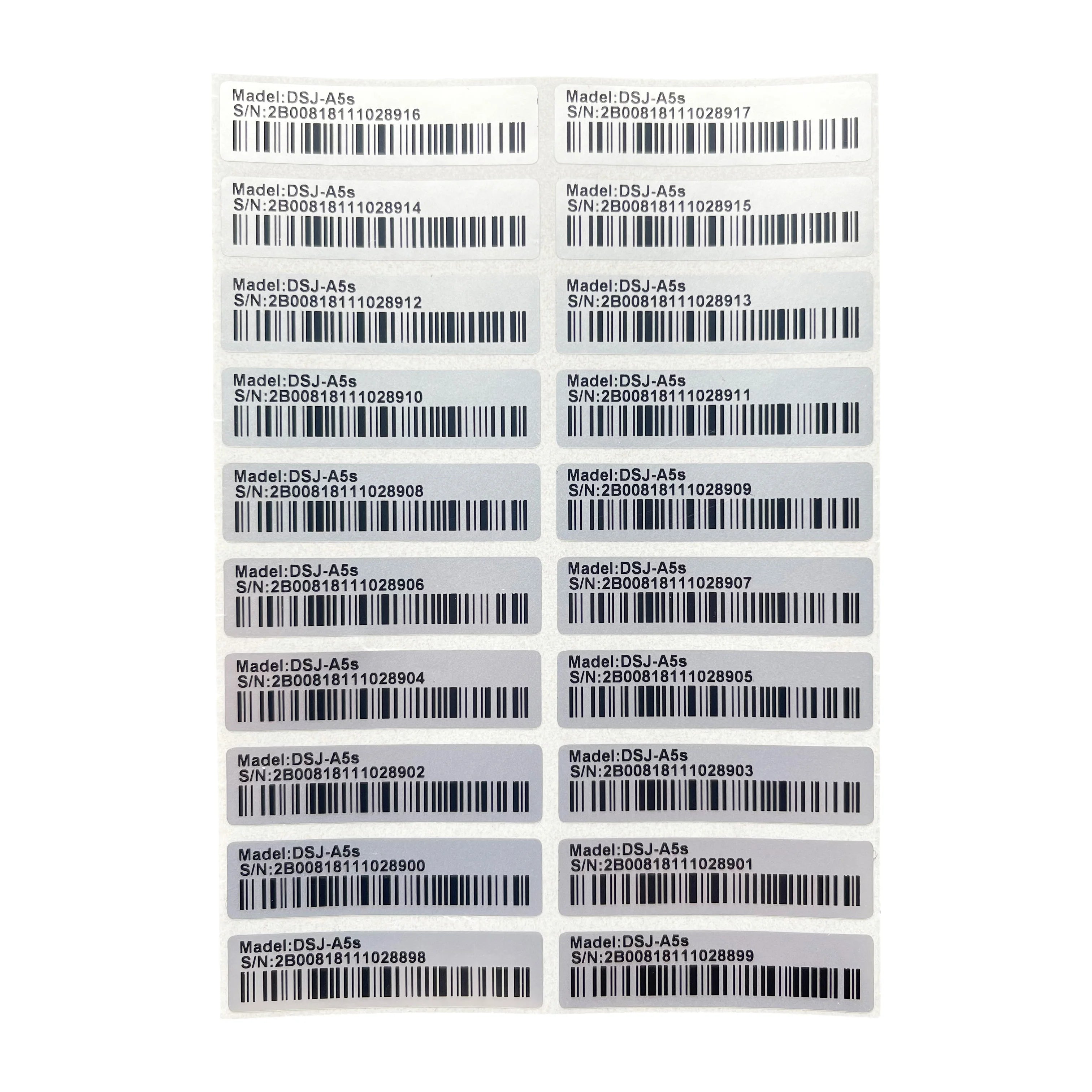 100 matte silver PET barcode 128 product labels, 40x10mm, fade-resistant, unique serial numbers for pet product tracking.