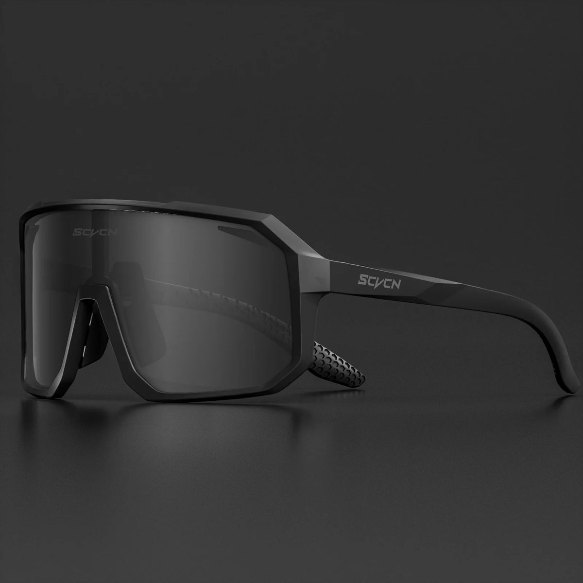 Cycling sunglasses with black frame and dark smoke sport lenses.