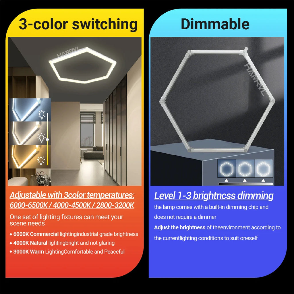 Garage Dimmable Hexagon LED Lighting RGB Color Change 3000-6000K Gym BarberShop Honeycomb Ceiling Lights Halloween Party Gaming