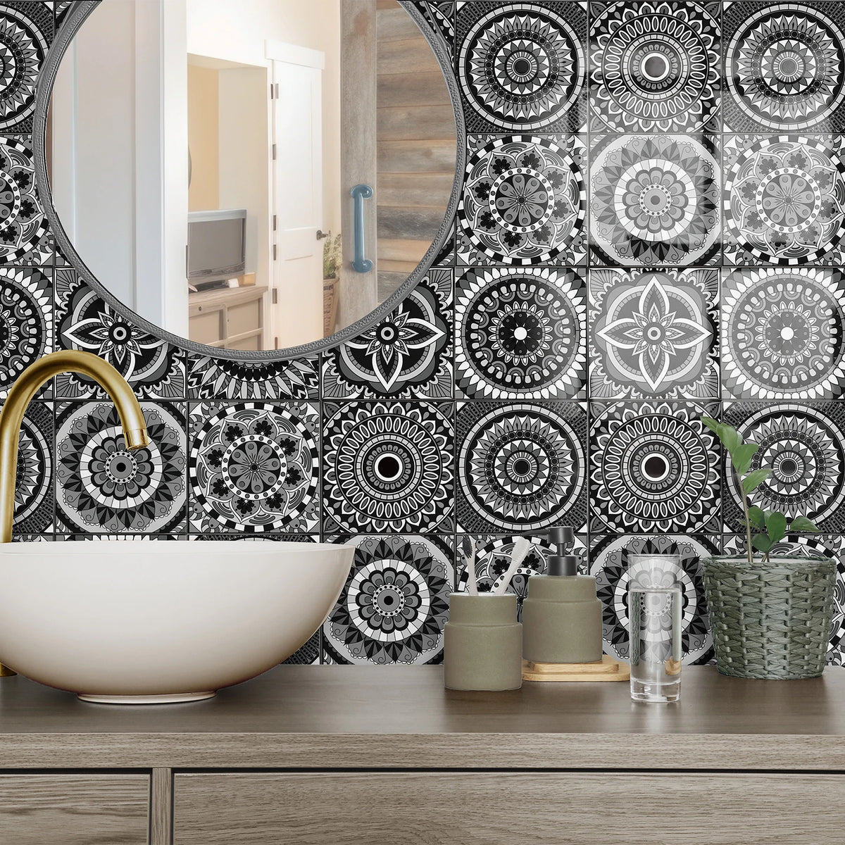 Black and white mandala tile wallpaper stickers with bold circular motifs and mirror backdrop