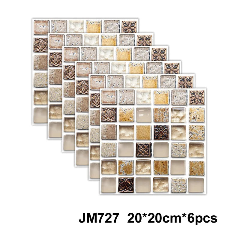 Self-adhesive marble wall tile stickers, beige stone-look mosaic tiles, 6-piece set