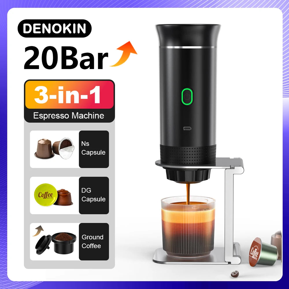 DENOKIN 20-bar 3-in-1 portable black espresso machine on a metal stand for capsules and ground coffee.