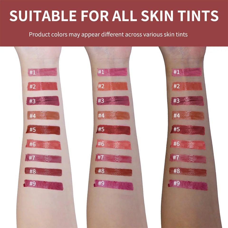 Lakerain Kulfée moisturizing lip oil: 9 glossy, non-sticky shades swatched on various skin tones for deep hydration.