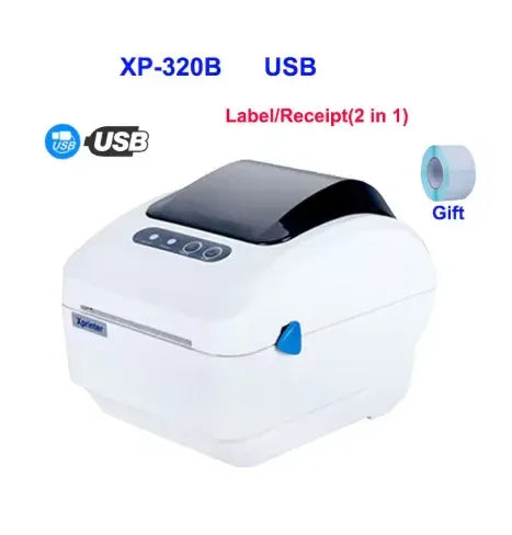 White and blue XP-320B USB label/receipt printer with top cover and controls