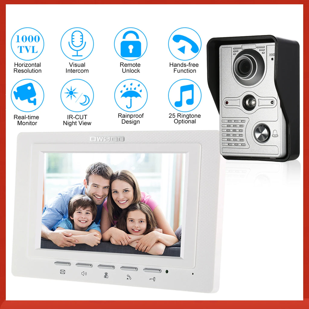 IR-CUT Outdoor Camera 7 inch Wired Video Doorbell Indoor Monitor Visual Intercom Two-way Audio Remote Unlock Video Door Phone
