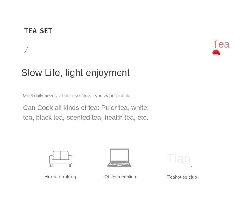 Tian brand tea set product page features icons for home, office, and teahouse use for brewing diverse tea varieties.