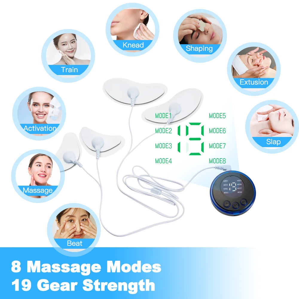 Electric EMS facial lifting device with 8 massage modes, 19 intensity levels, and electrode pads for skin firming.