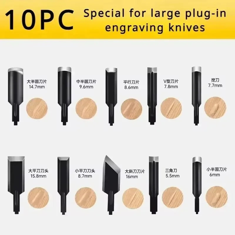 Large plug-in engraving knife blade set, 10 assorted chisel tips