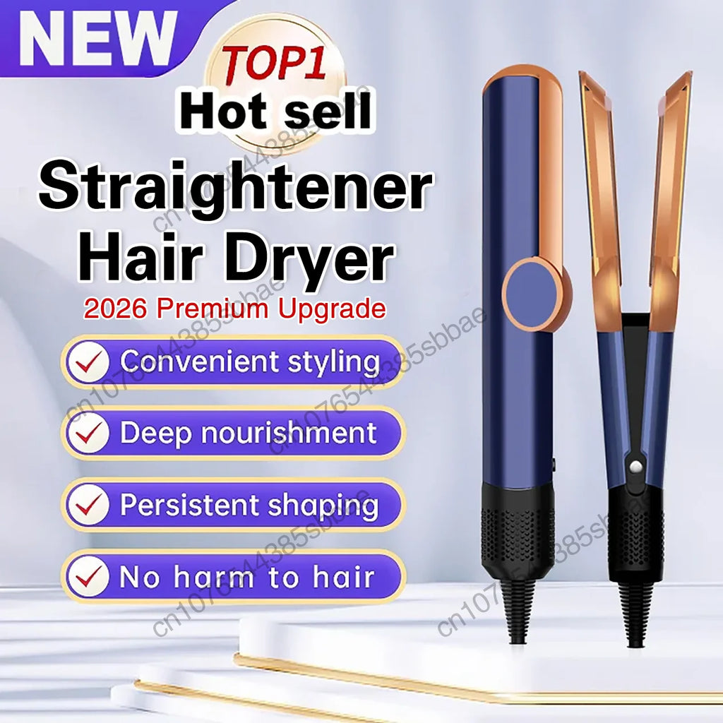 Blue and gold 2-in-1 negative ion hair dryer and flat iron straightener for wet or dry styling.
