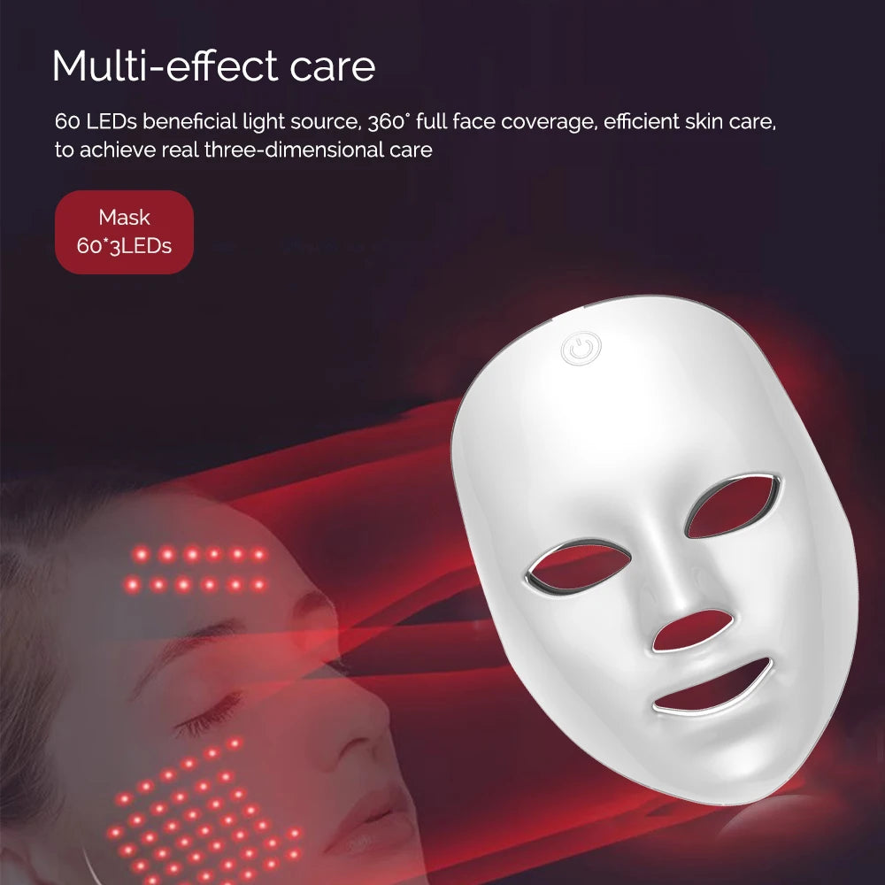 White wireless LED face mask with cutout eyes, nose, and mouth, shown next to a woman with red light therapy dots.