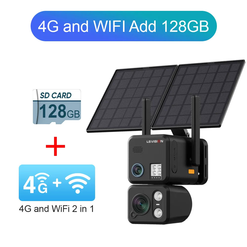 Solar-powered 4G WiFi dual-lens security camera with two solar panels and SD card slot